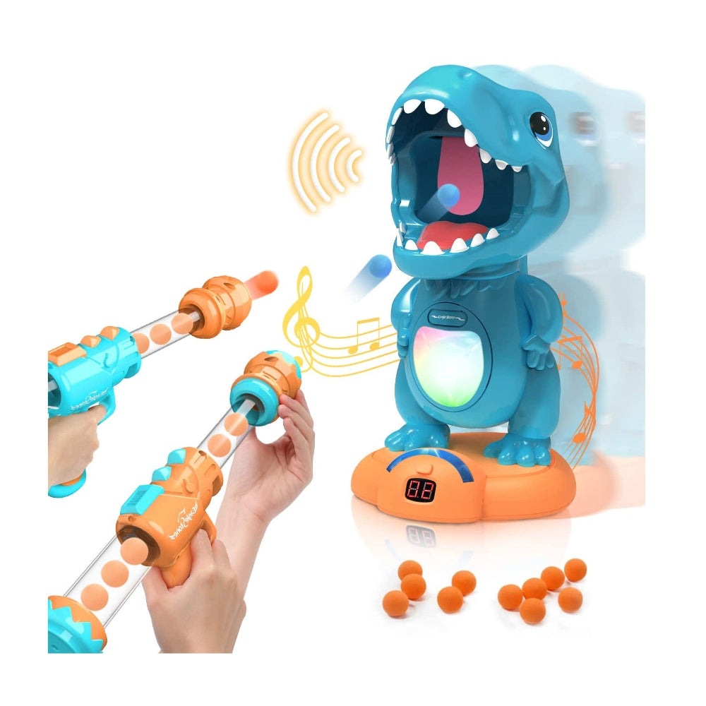 Eagle Stone Dinosaur Shooting Game Toy Kit featuring blue dinosaur, two blaster guns, orange balls, and LED base
