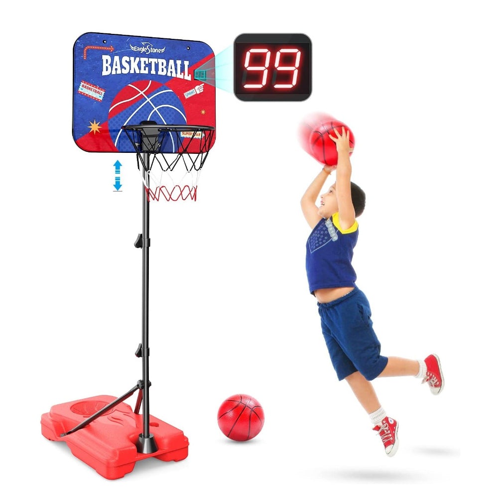 Eagle Stone kids basketball hoop set for indoor/outdoor use with adjustable height and red base; child shooting basketball.