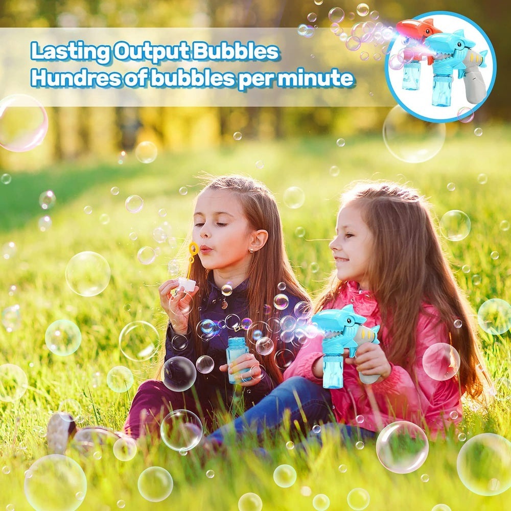 Eagle Stone Shark Bubble Gun 2-pack for kids, blue shark design, outdoors with bubbles