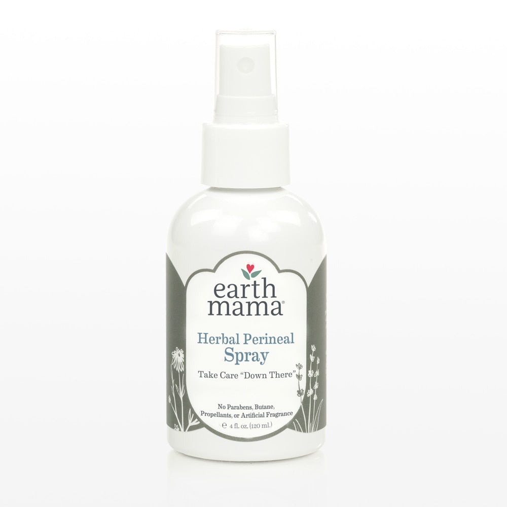 Earth Mama Herbal Perineal Spray 120 ml white bottle with spray nozzle ready to dispense gentle herbal relief for new parents.