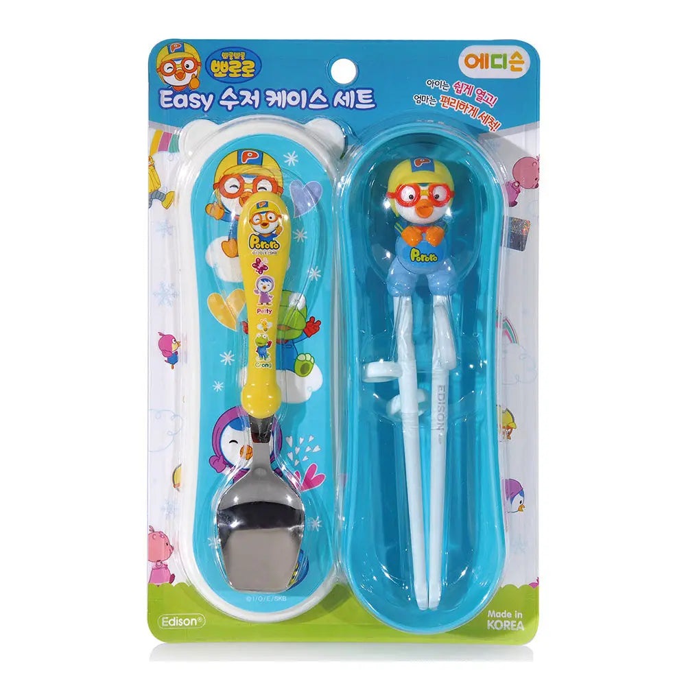 Edison Chopsticks Easy Hard Case Set, blue trainer case with cartoon character handles and learner chopsticks shown in packaging