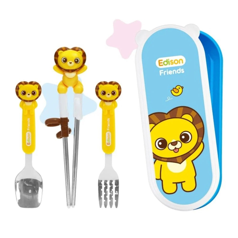 Edison Chopsticks Easy Hard Case Set With Fork for right-handed kids, yellow lion handles shown with blue case.