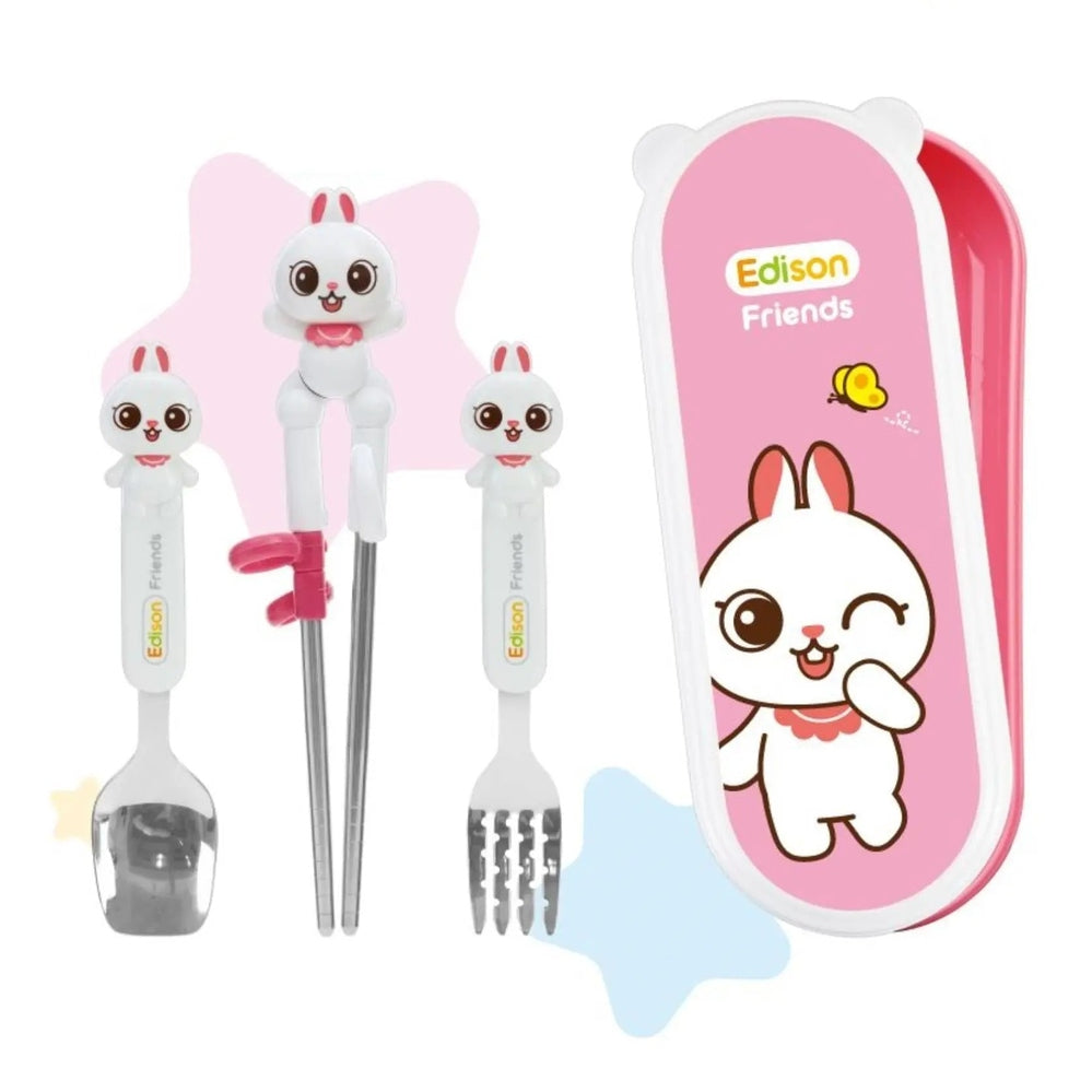 EDISON Chopsticks Easy Hard Case Set With Fork for right-handed kids; pink bunny case with three trainee utensils ready for use