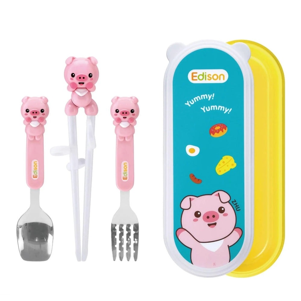 Edison Chopsticks Easy Hard Case Set With Fork, pink pig-handled spoon, fork and chopsticks beside a blue hard case.
