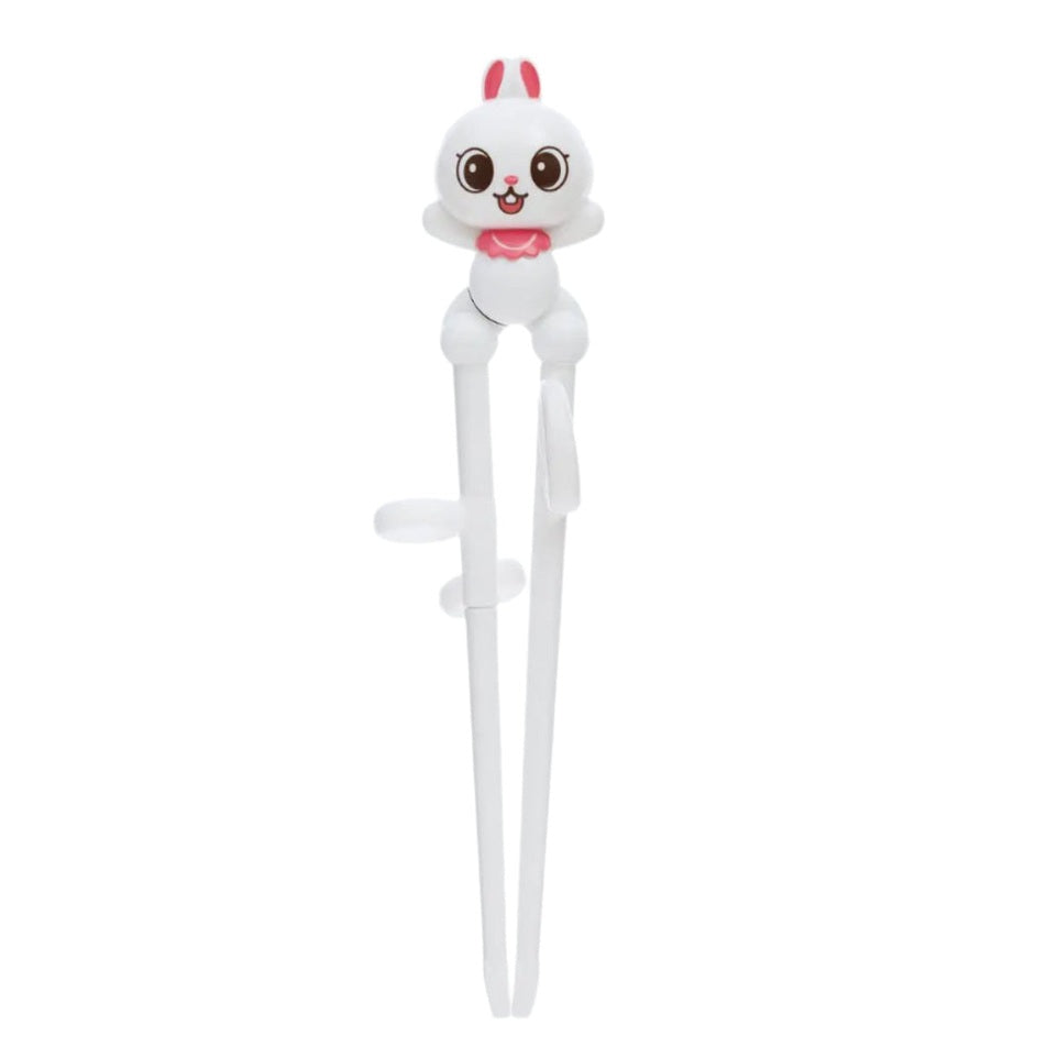 Edison Chopsticks (Right Handed) white training chopsticks with a bunny topper, shown ready for a child to practice gripping.