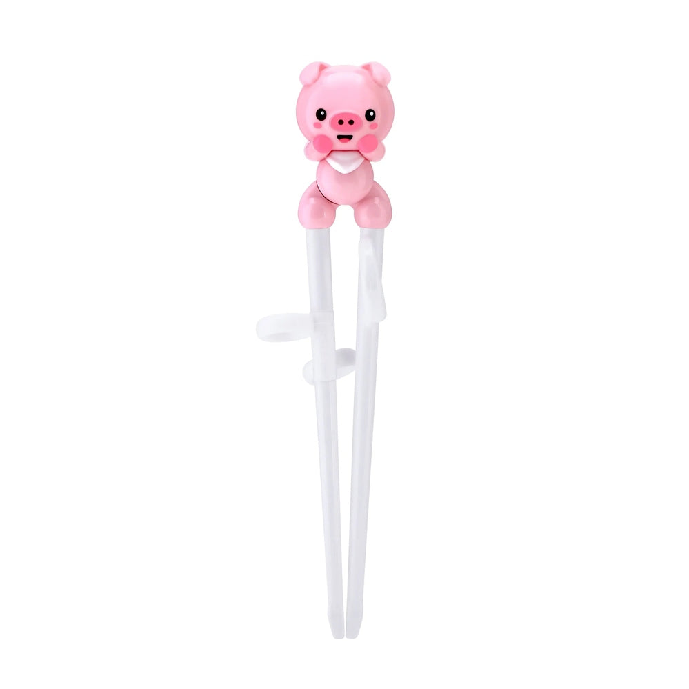 EDISON Chopsticks (Right Handed) set with pink pig trainer topper guiding a child's grip on two white training sticks.