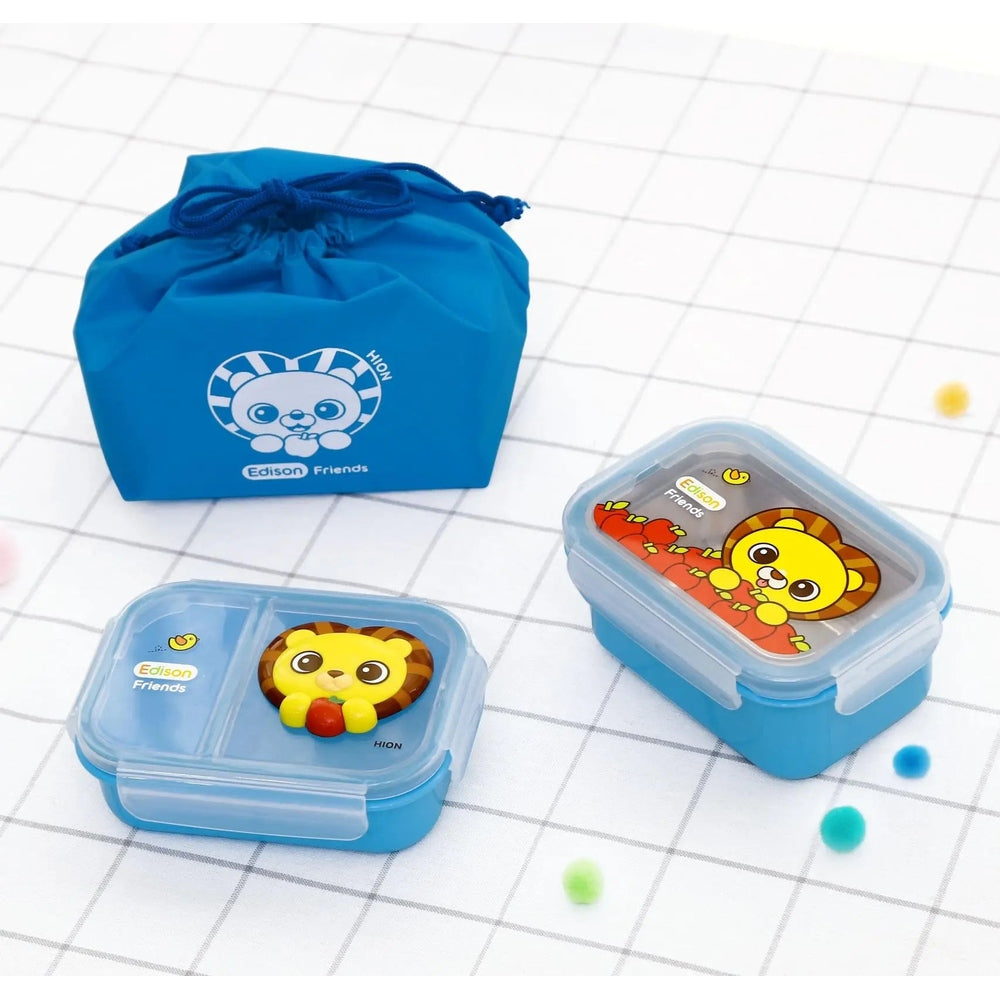 Edison Comfortable Stainless Picnic Lunch Box Set With Pouch in blue, lion-themed lids closed beside the blue drawstring pouch.