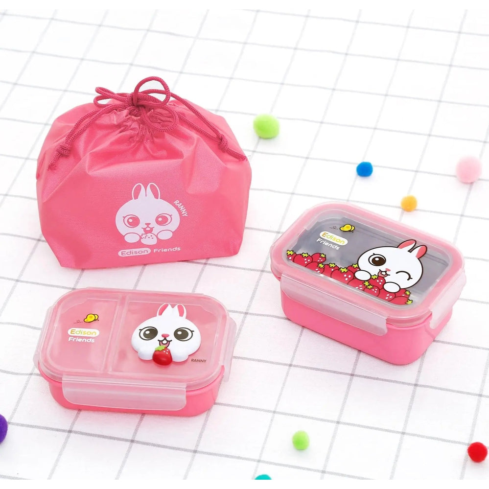 Edison Comfortable Stainless Picnic Lunch Box Set with Pouch, pink bunny motif, two lunch boxes and matching pouch.
