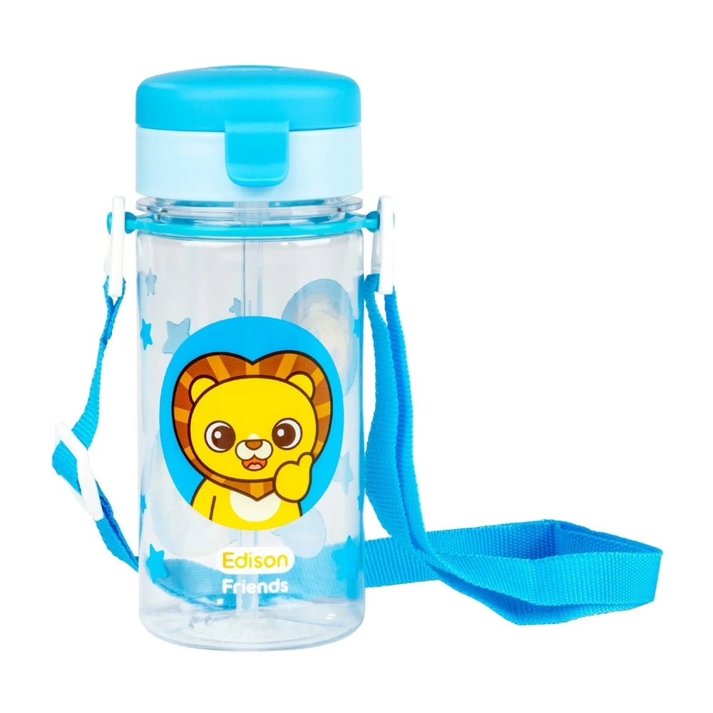 Edison Comfortable Tritan Straw Cup with blue lid and hanging blue strap, lion graphic visible.