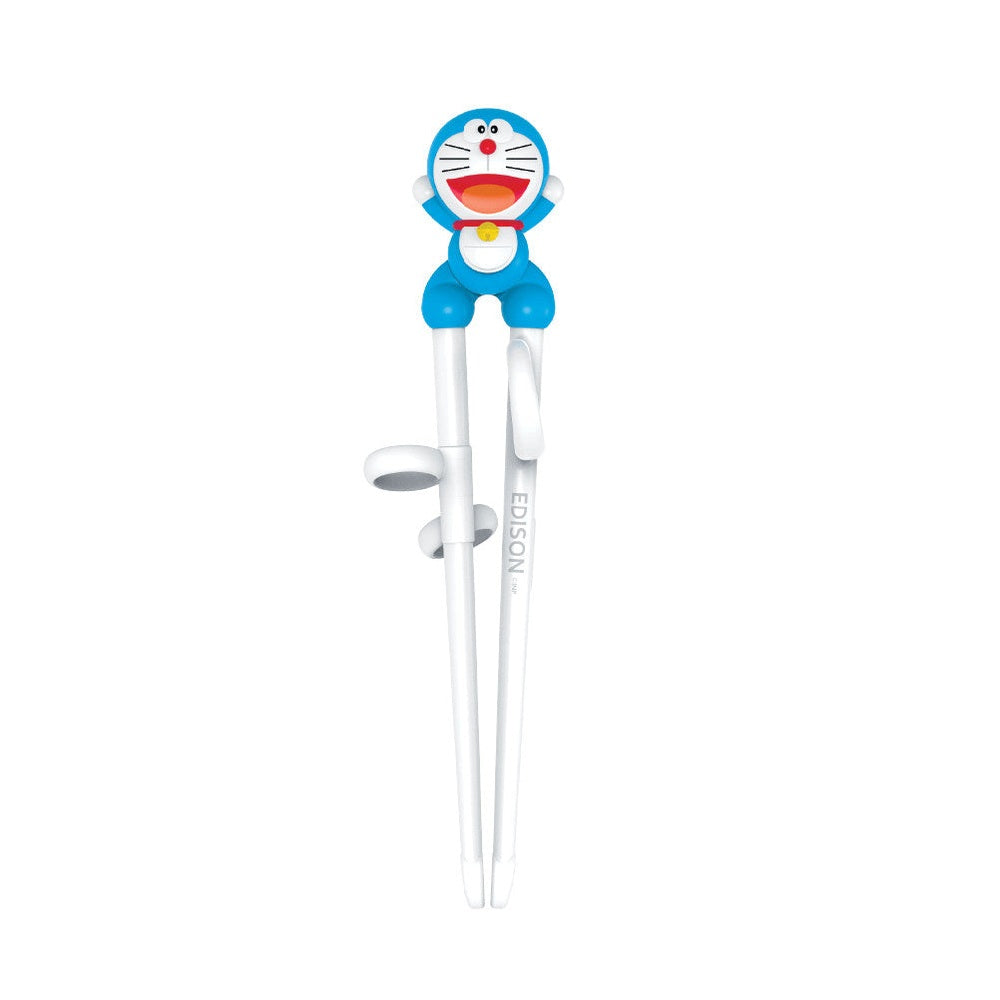 Edison Doraemon chopstick trainer for right-handed users with blue Doraemon figure on white sticks