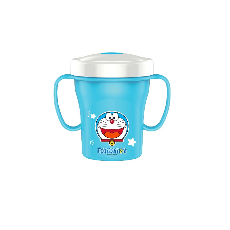 Doraemon no-spill trainer straw cup by Edison, blue plastic with white lid and Doraemon logo.