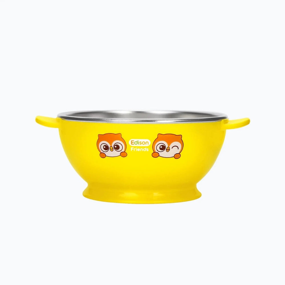 Edison Non Slip Stainless Rice Bowl in yellow with dual handles and stainless rim, showing Edison Friends logo and owls.