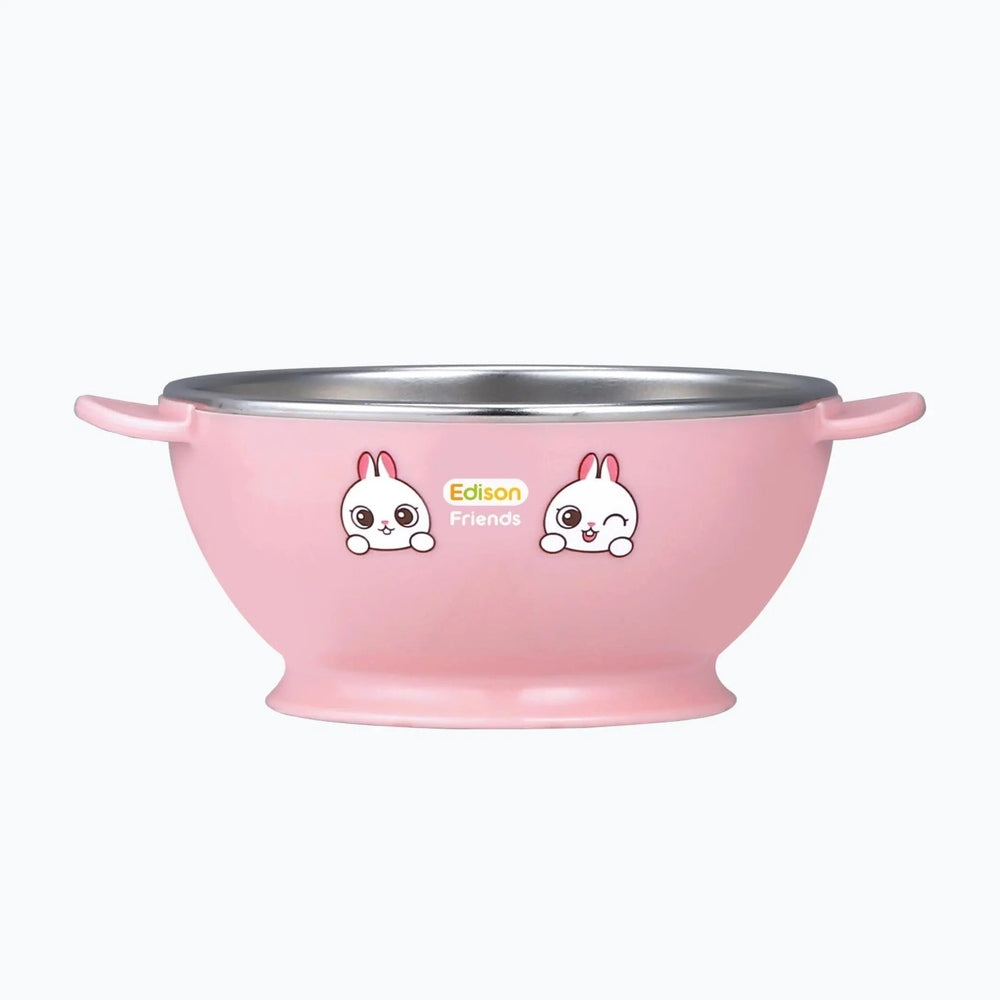 Edison Non Slip Stainless Rice Bowl, pink with bunny decals and side handles.