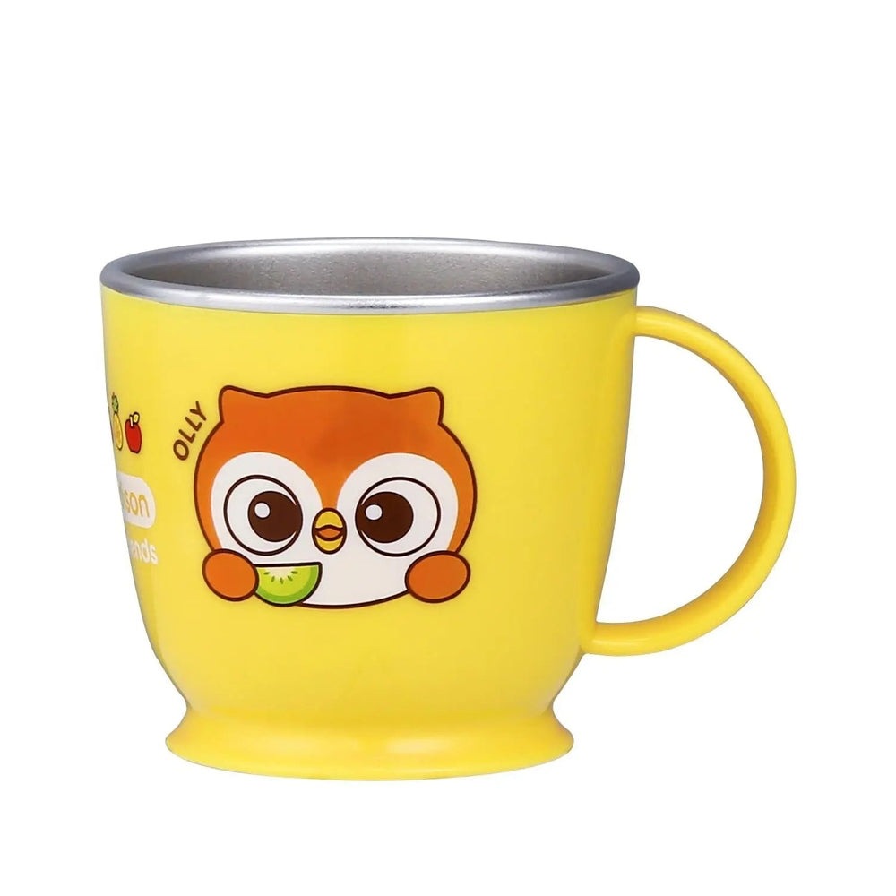 Edison Non Slip Stainless Single Handle Cup with yellow finish and owl graphic for toddlers