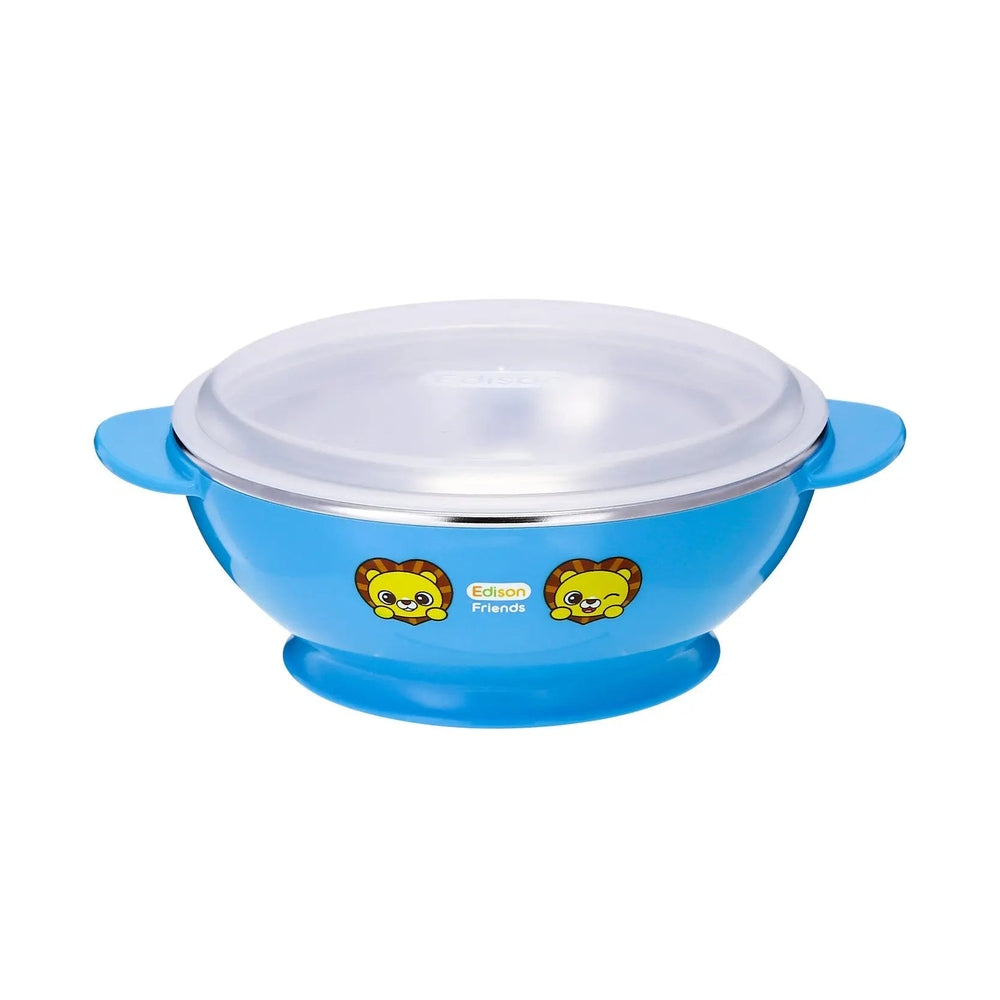 Edison Non Slip Stainless Soup Bowl&Cover in blue with two handles and lid, showing stable non-slip base.