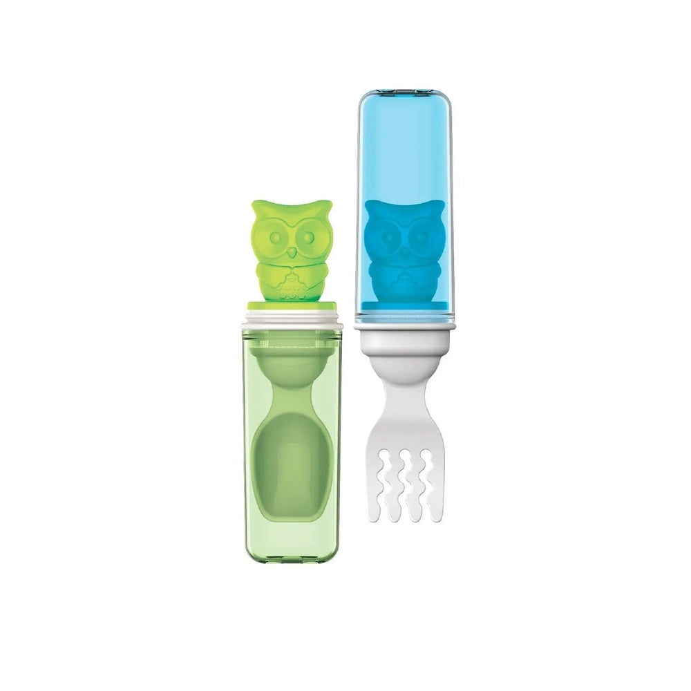 Edison Owl All In One Spoon & Fork Set; green bottle with owl lid and blue travel cap, plus white fork.