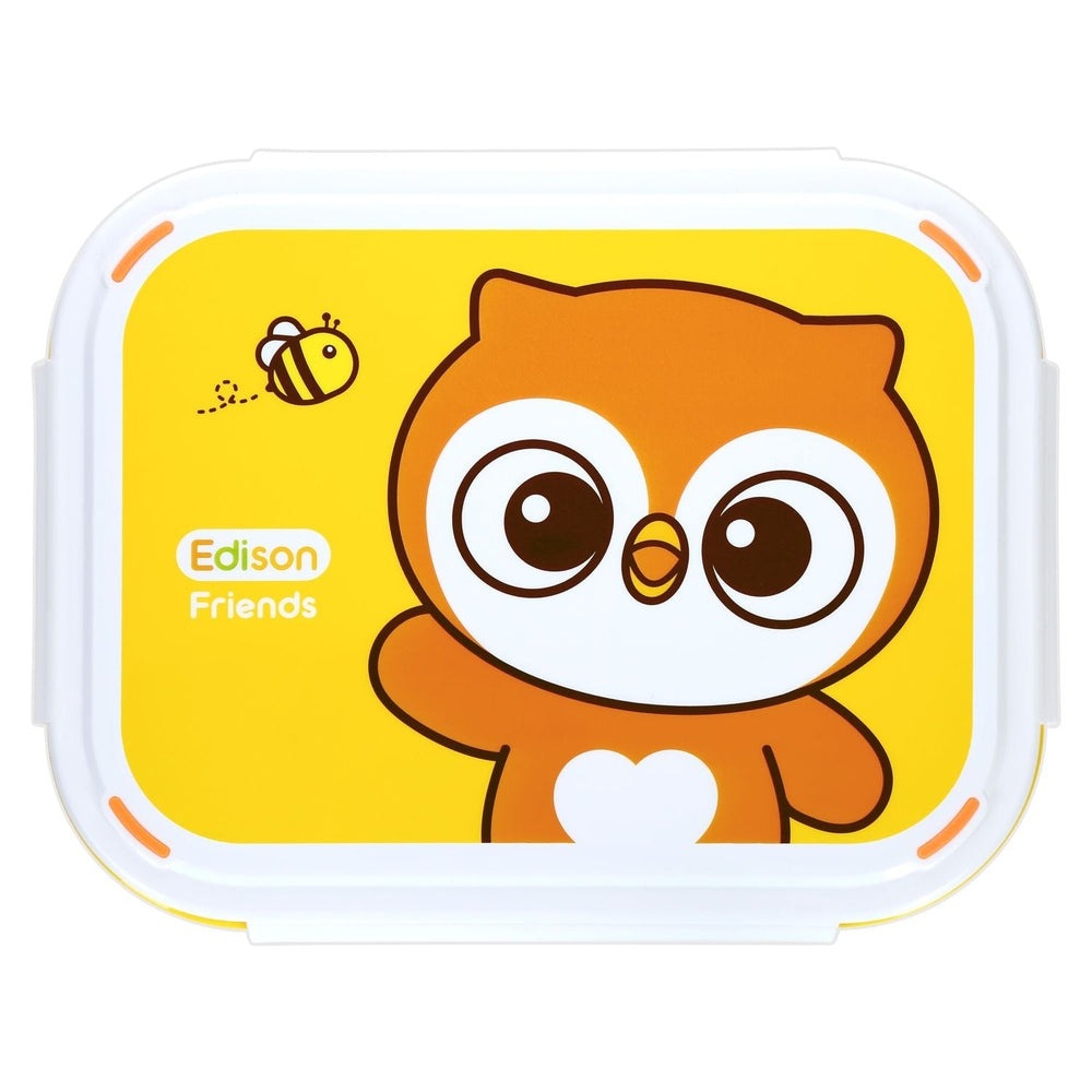 Edison Owl lunch box with pouch; bright yellow lid featuring an orange owl and bee, non-slip