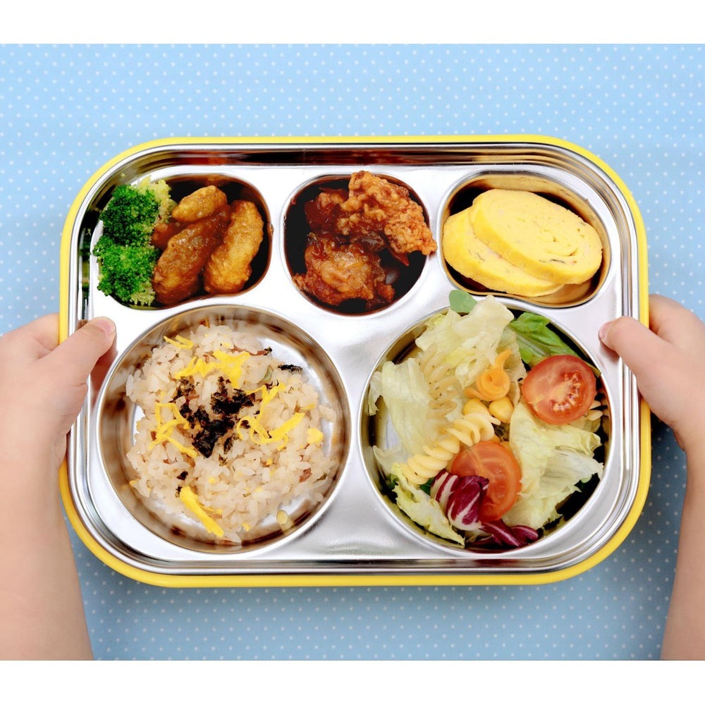 Edison Owl Dual Non-Slip Stainless Lunch Box with Pouch, five-compartment stainless tray with yellow rim