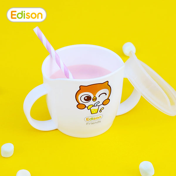 Edison Self Double Handle Cup, white baby feeding cup with owl logo and pink drink; microwave safe
