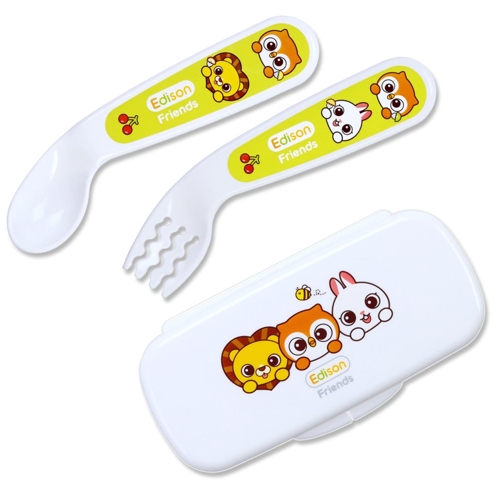 Edison Self Spoon & Fork Case Set, white case with yellow-handled utensils and Edison Friends characters