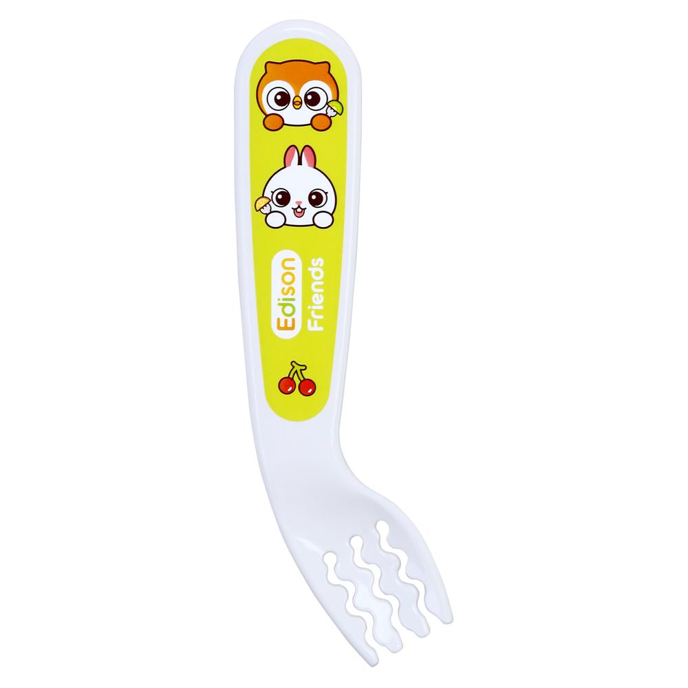 Edison Self Spoon & Fork Case Set, white utensils with yellow label and owl and bunny cartoon graphics