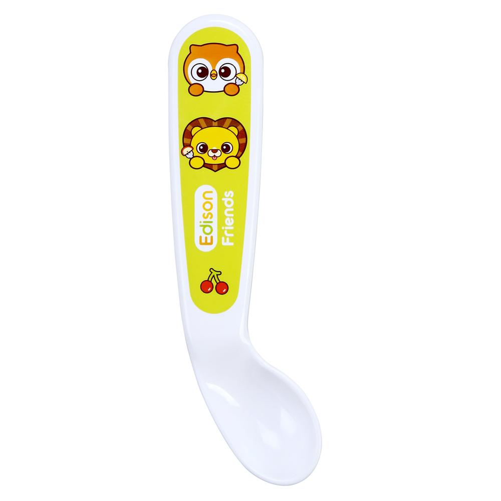 Edison Self Spoon & Fork Case Set white spoon with bright yellow handle featuring Edison Friends owls and lion
