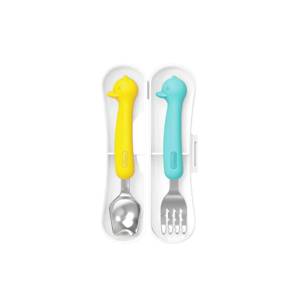 Edison Silicone Spoon&Fork Case Set For Baby Duck: yellow spoon and blue fork in a white travel case.