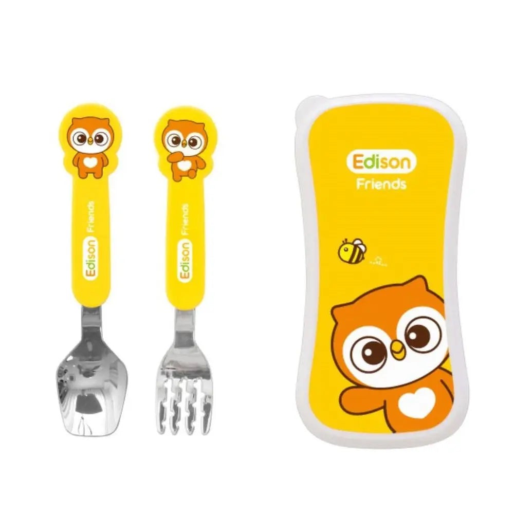 Edison Spoon&Fork Case Set For Baby with bright yellow handles and owl motif, shown with matching yellow case.