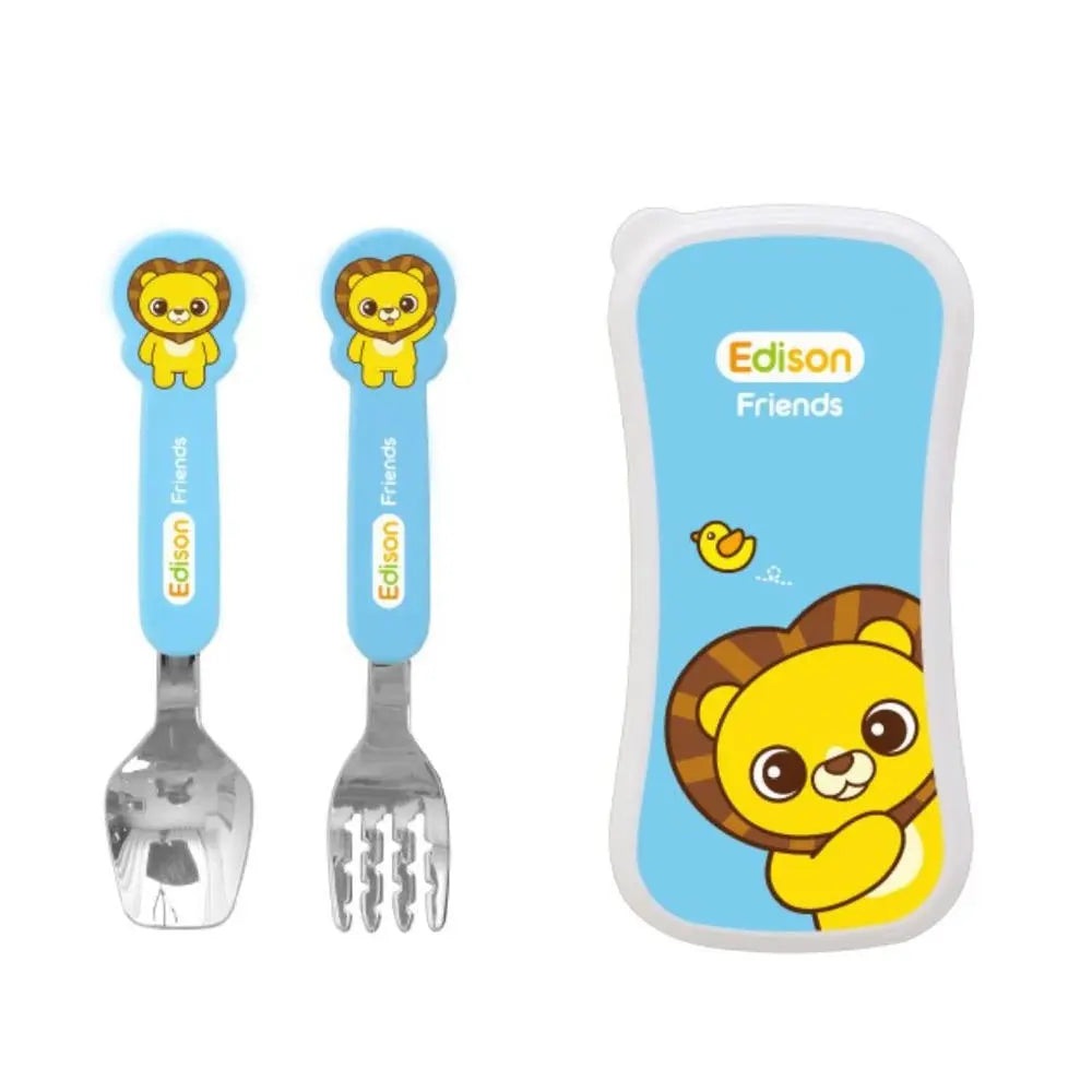 EDISON Spoon & Fork Case Set for Baby with blue handles and lion mascot, shown beside a blue travel case.