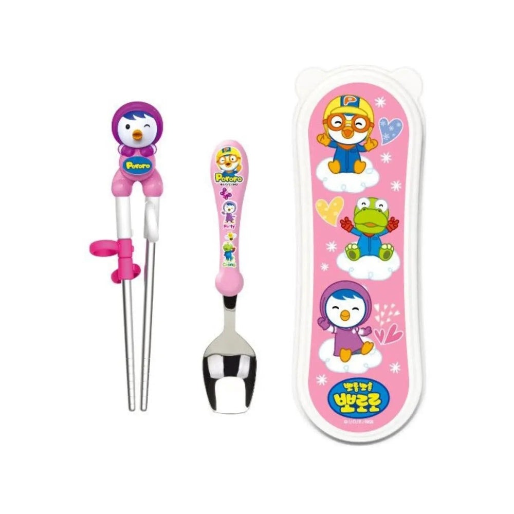 EDISON Stainless Chopsticks Trainer Set with pink cartoon handles shown beside the matching hard case.