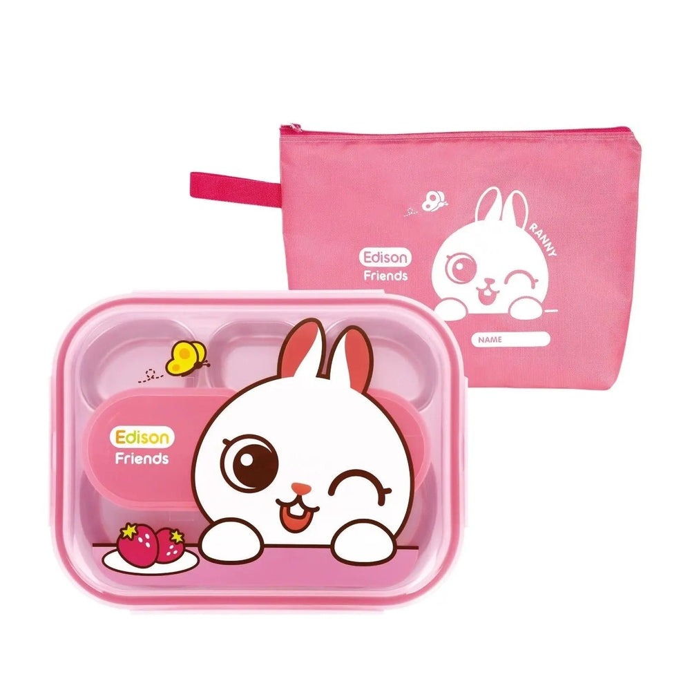 Edison Stainless Lunch Box W/Pouch in pink, featuring a winking bunny and berry design with matching carry pouch.