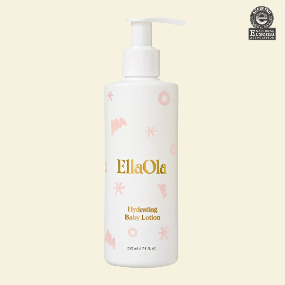 EllaOla Fragrance Free Hydrating Baby Lotion pump bottle, white with pink accents, 230 ml