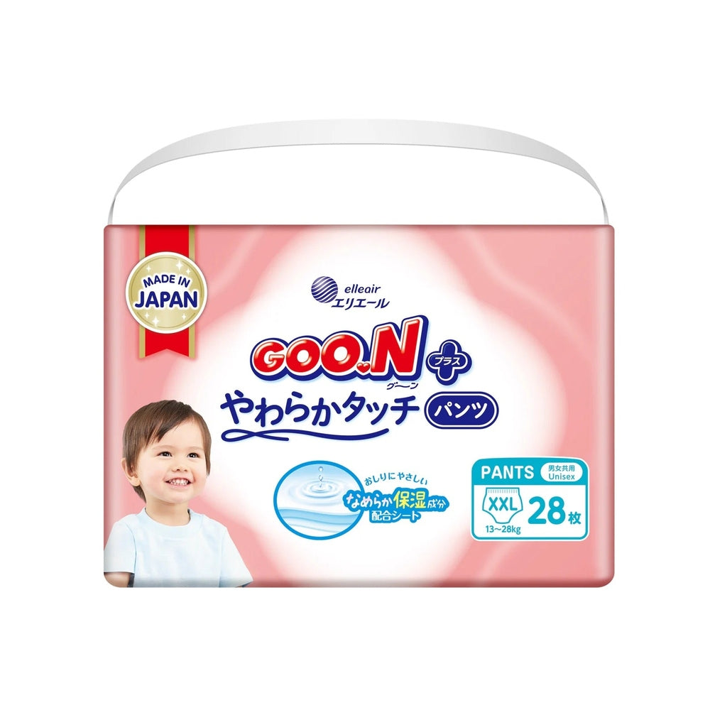 Elleair Goon Diaper Pants in Pink packaging with a smiling toddler on the front, XXL 28-count