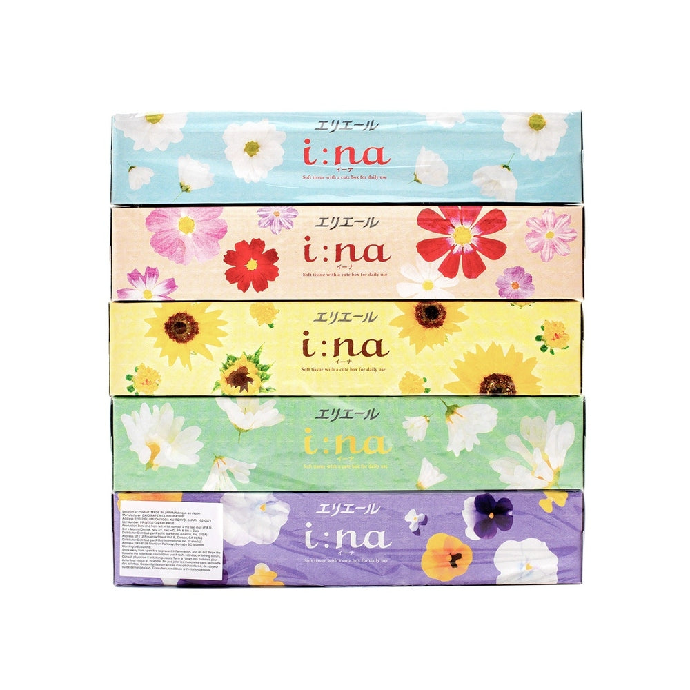 ELLEALR Elleair Ina Box Tissues 150 Sheet x 5pcs Stacked boxes with different floral artwork patterns on each img 2/2