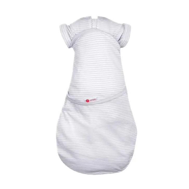 Embe Starter Swaddle for newborns in light grey striped fabric, snug wrap shown.