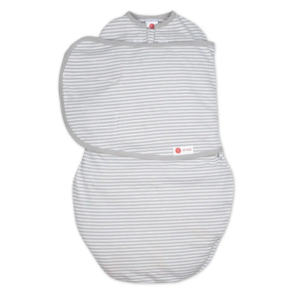 Embe Transitional Swaddleout baby swaddle blanket in gray/white stripes with gray trim, laid flat for secure wrapping.