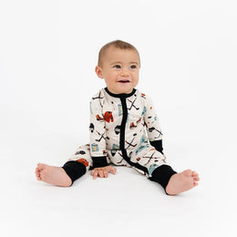 Emerson And Friends Hat Trick Hockey Bamboo Convertible Footie Romper Beige And Multi