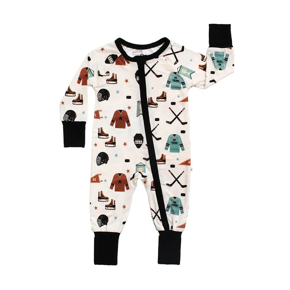 Emerson And Friends Hat Trick Hockey Bamboo Convertible Footie Romper in Beige and Multi with black cuffs