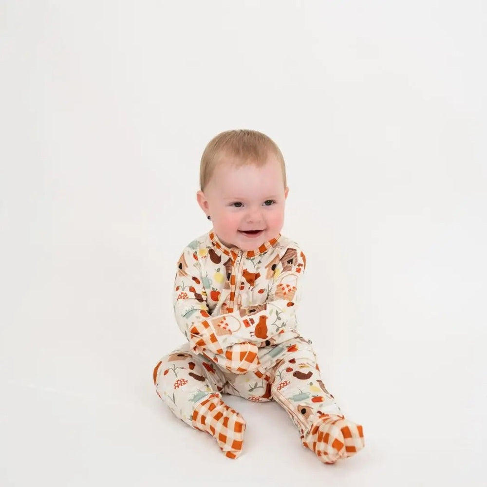 Emerson And Friends Cozy Cottage Bamboo Convertible Baby Pajamas in Green and Multi with Orange Gingham Cuffs