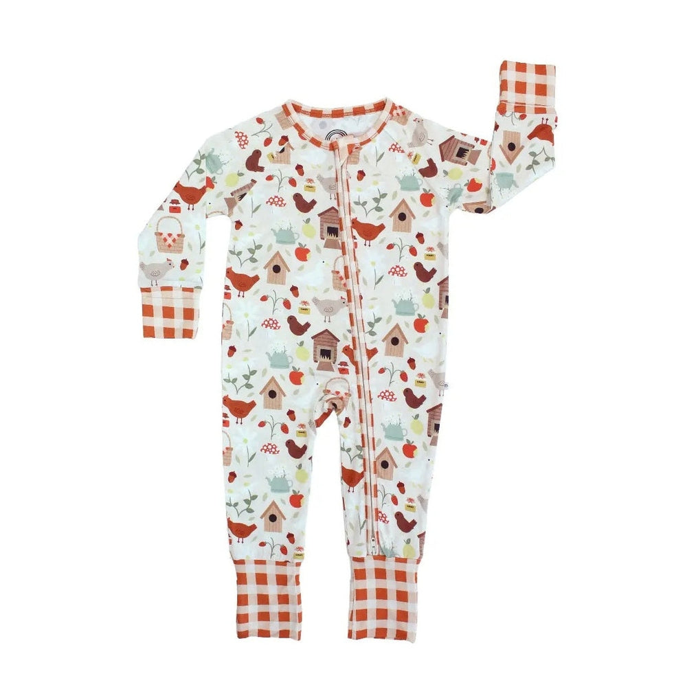 Emerson And Friends Cozy Cottage Bamboo Convertible Baby Pajamas in Green and Multi with orange gingham cuffs
