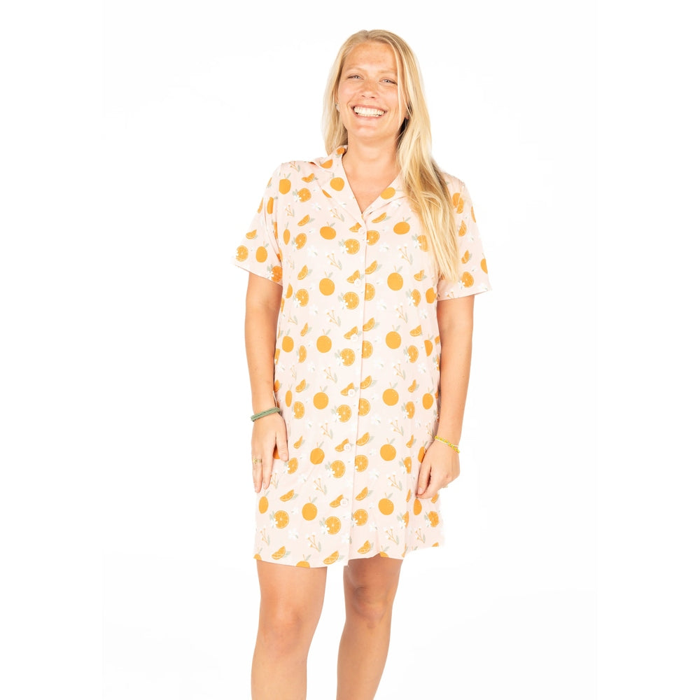 EMERSON AND FRIENDS Emerson And Friends Freshly Squeezed Womens Bamboo Button Down Nightgown Orange notched collar with button-front img 1/3