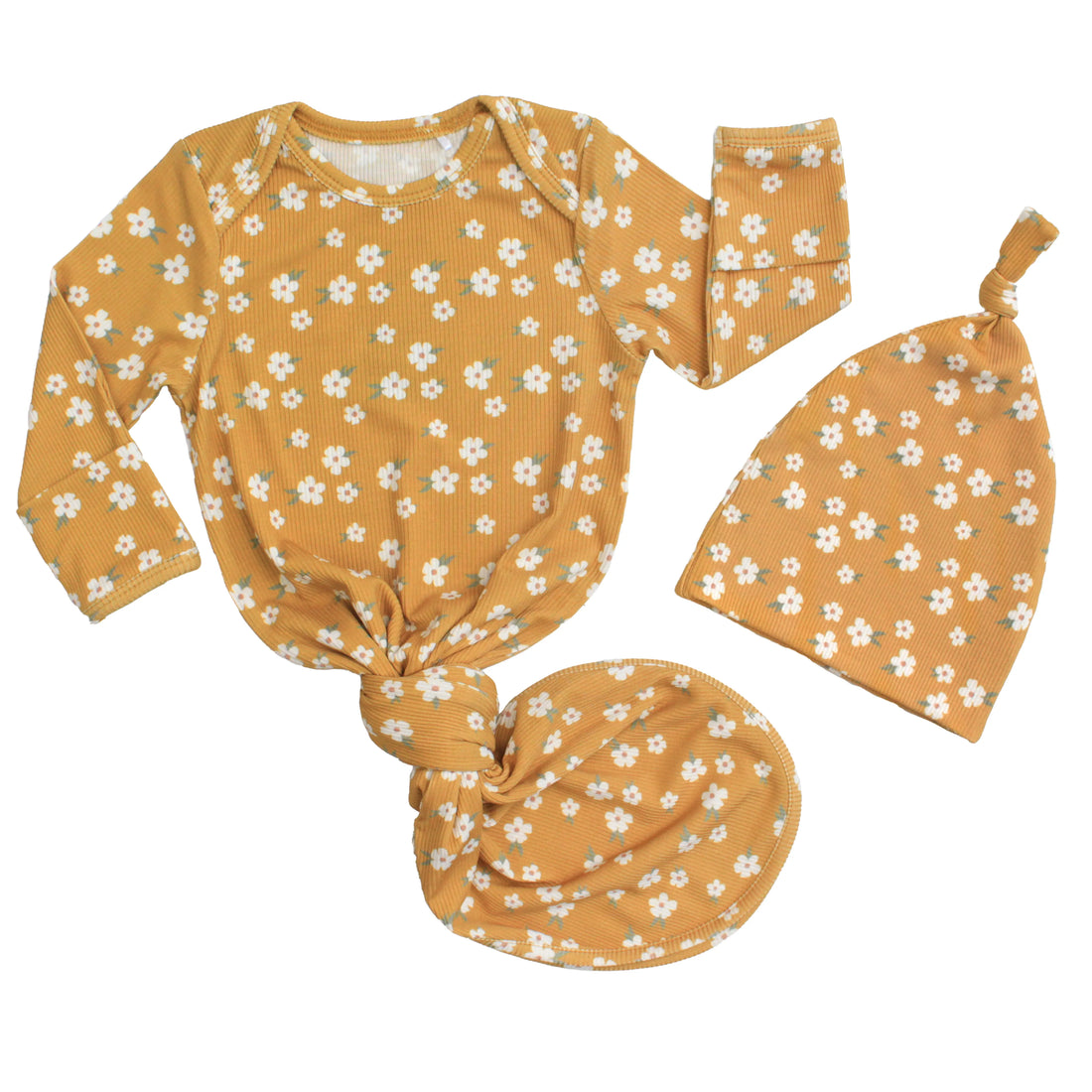 Golden Blooms Ribbed Bamboo Gown and Hat Newborn Baby Gift Set Mustard And Multi product view on a clean background
