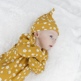 Emerson And Friends Golden Blooms Ribbed Bamboo Gown and Hat Newborn Baby Gift Set Mustard And Multi