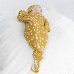 Emerson And Friends Golden Blooms Ribbed Bamboo Gown and Hat Newborn Baby Gift Set Mustard And Multi