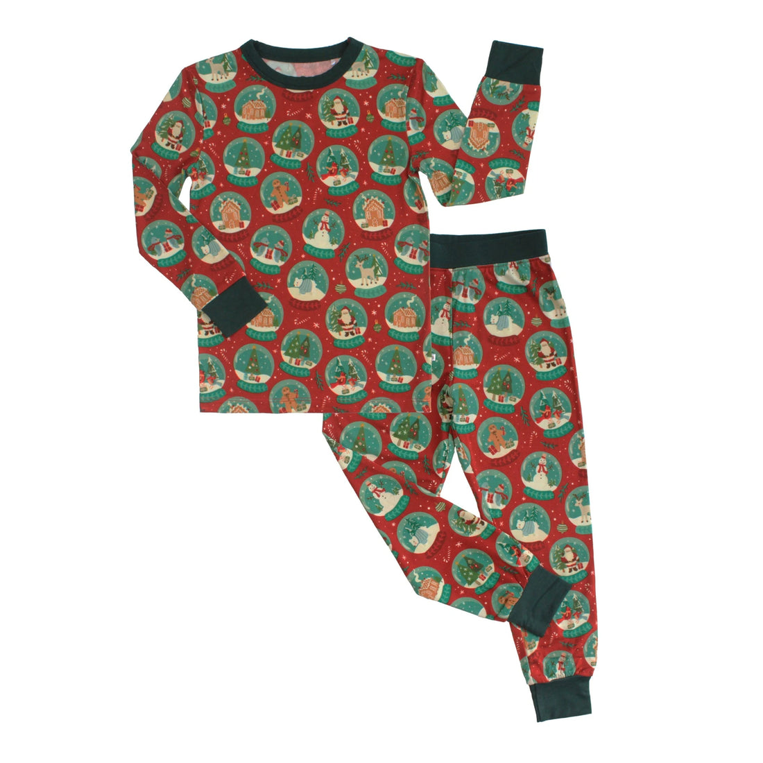 Emerson and Friends Let It Snow kids bamboo pajamas, matching long-sleeve top and pants laid flat in the red and green snow-globe print