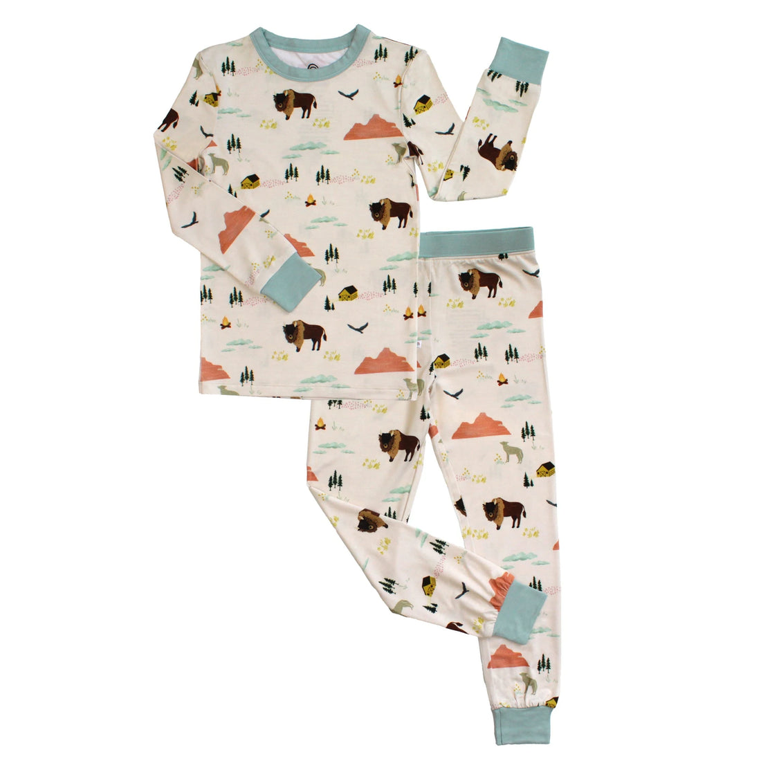 Emerson and Friends On the Ranch kids bamboo pajamas, matching long-sleeve top and pants laid flat in the Beige/Multi ranch print