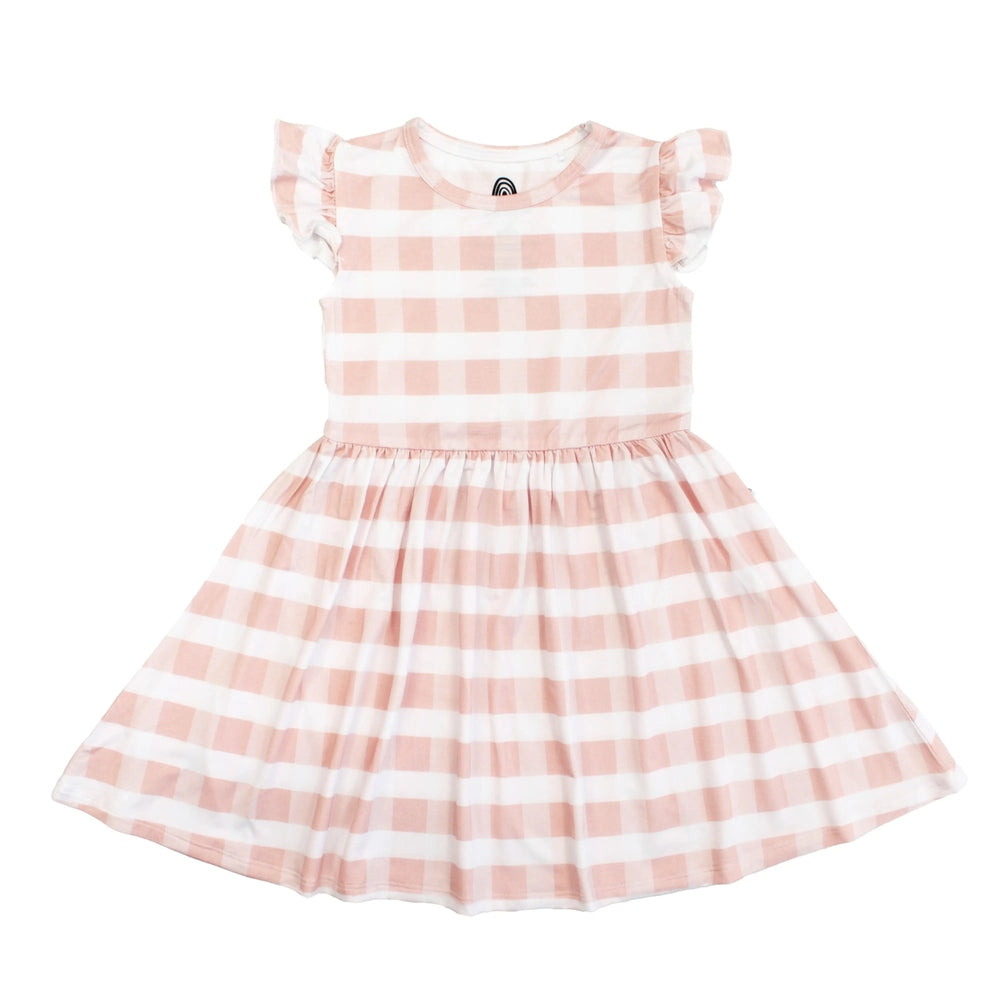 EMERSON AND FRIENDS Emerson And Friends Pink Gingham Short Sleeve Bamboo Twirl Dress ruffled flutter sleeves with gathered waistline img 2/4