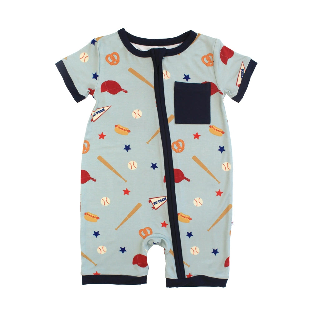 EMERSON AND FRIENDS Emerson And Friends Play Ball Baseball Bamboo Baby Shortie Romper Blue And Multi center zip closure with chest img 2/4