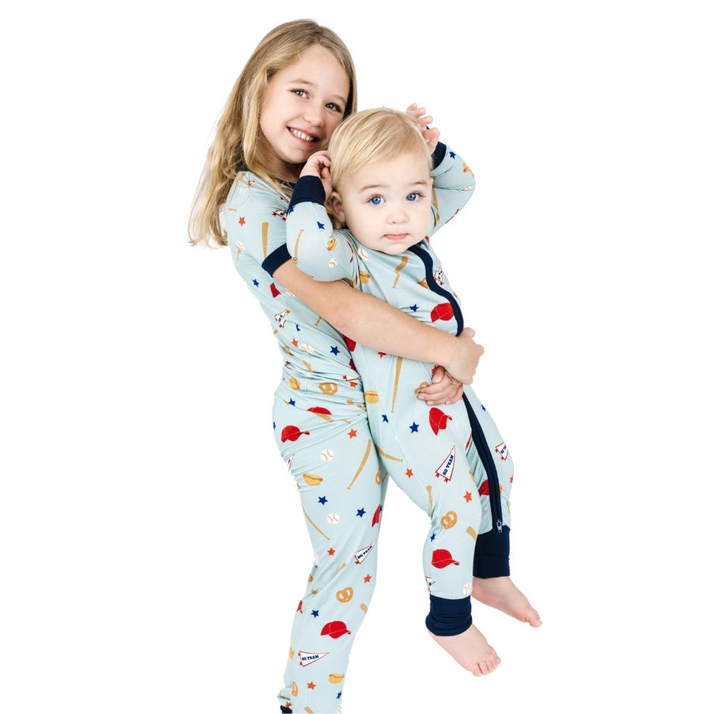 Play Ball Baseball Bamboo Convertible Footie Romper Blue
