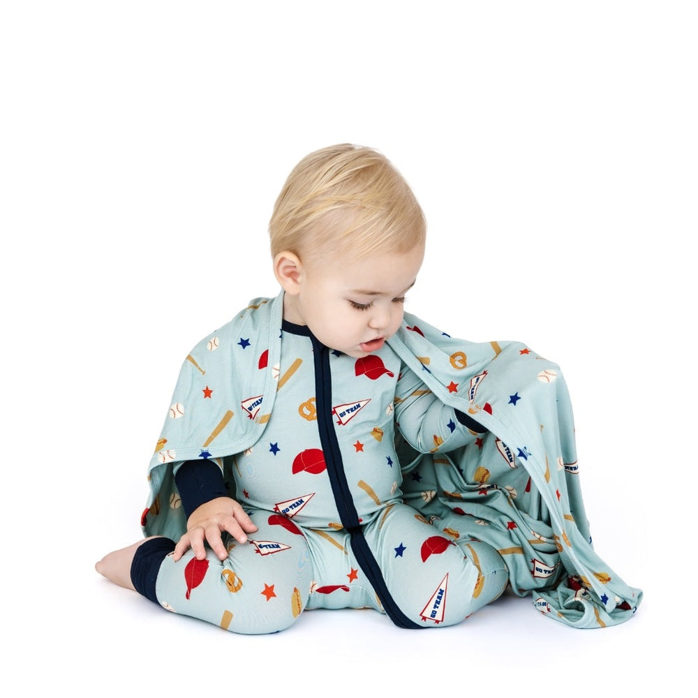 Play Ball Baseball Bamboo Convertible Footie Romper Blue
